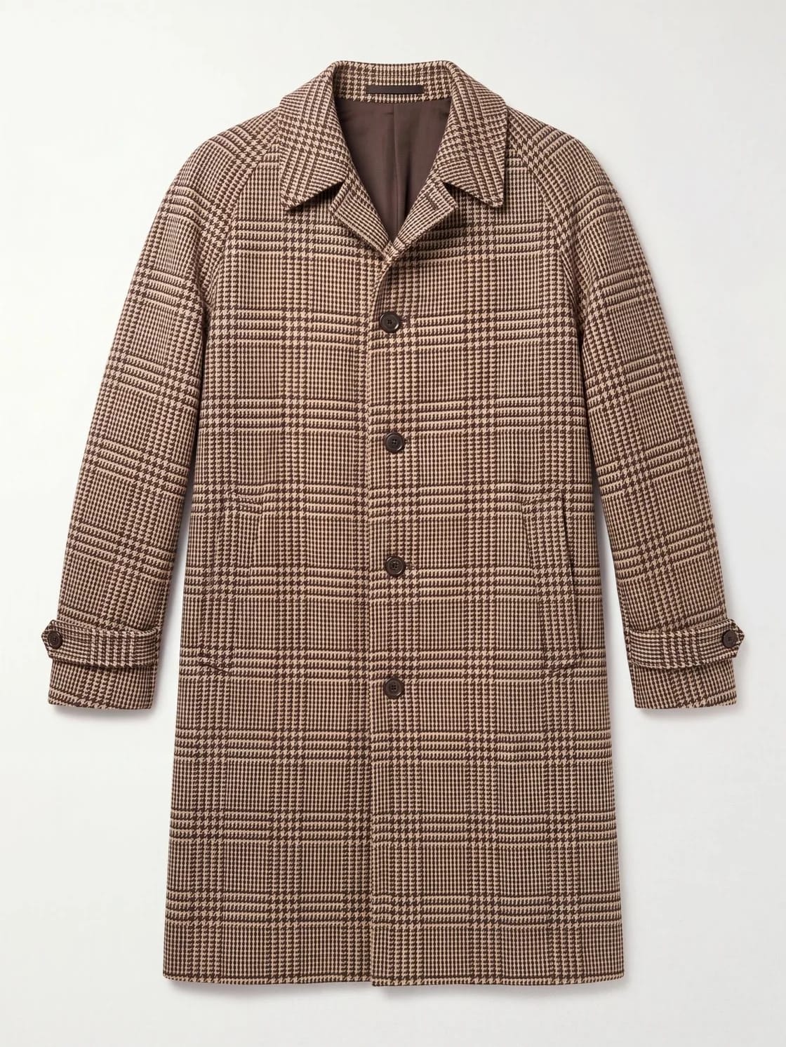 Однобортное пальто из твида Harris Tweed в крупную бежево-коричневую клетку, отложной воротник, хлястики на манжетах
