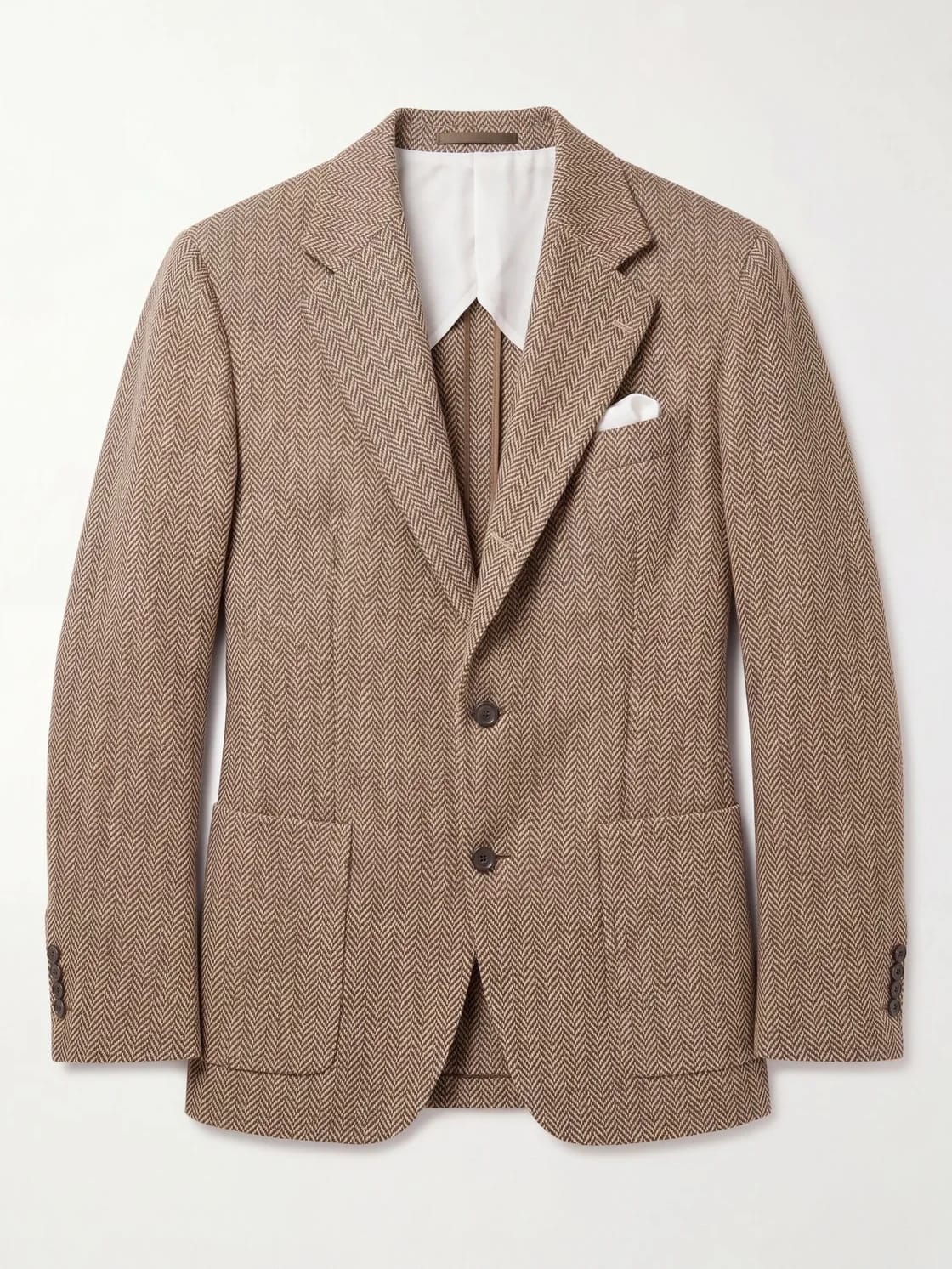 Твидовый пиджак из ткани Harris Tweed с узором «ёлочка», однобортный, на две пуговицы, с белым платком в кармане