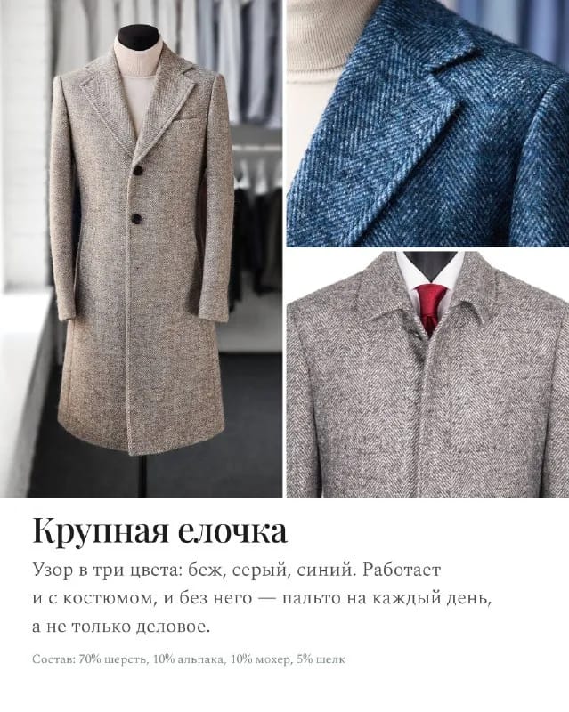 Карточка ткани «Крупная ёлочка»: бежевое пальто на манекене, лацкан синего пальто и воротник серого — та же ткань в трёх цветах
