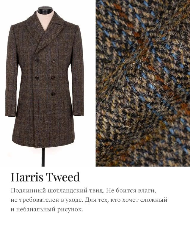 Карточка ткани Harris Tweed: двубортное пальто в приглушённую клетку и макро рыхлого твида с синими и рыжими нитями