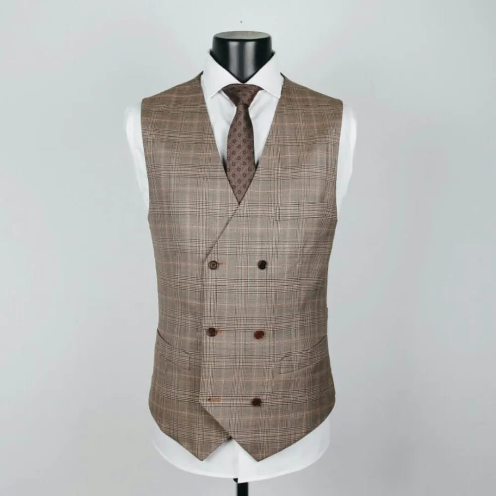 Жилет в клетку Glen Plaid с двубортным запахом и коричневым галстуком
