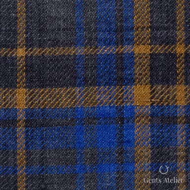 Костюмная ткань Marzoni 605 - 782 / 800 — Синий / Охра, в клетку, 100% Linen