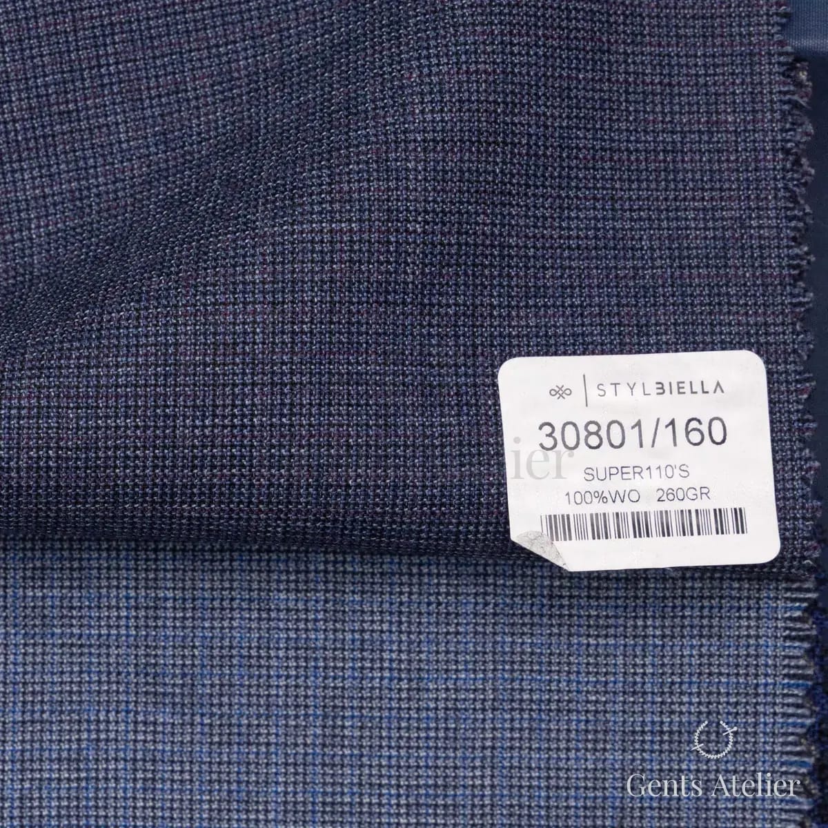 Образец ткани Stylbiella 30801/160 с этикеткой, тёмно-синий