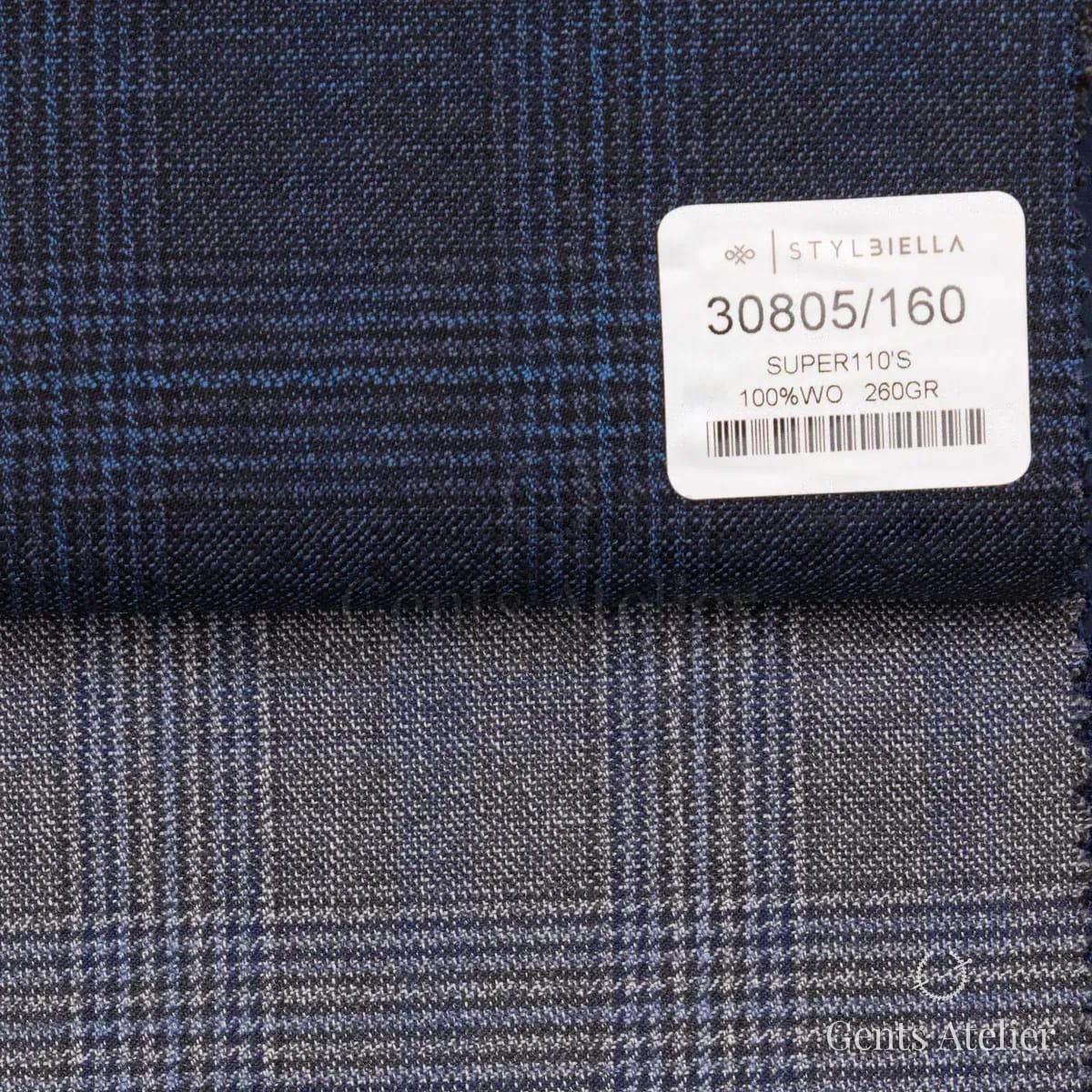 Образец ткани Stylbiella 30805/160 с этикеткой, тёмно-синий