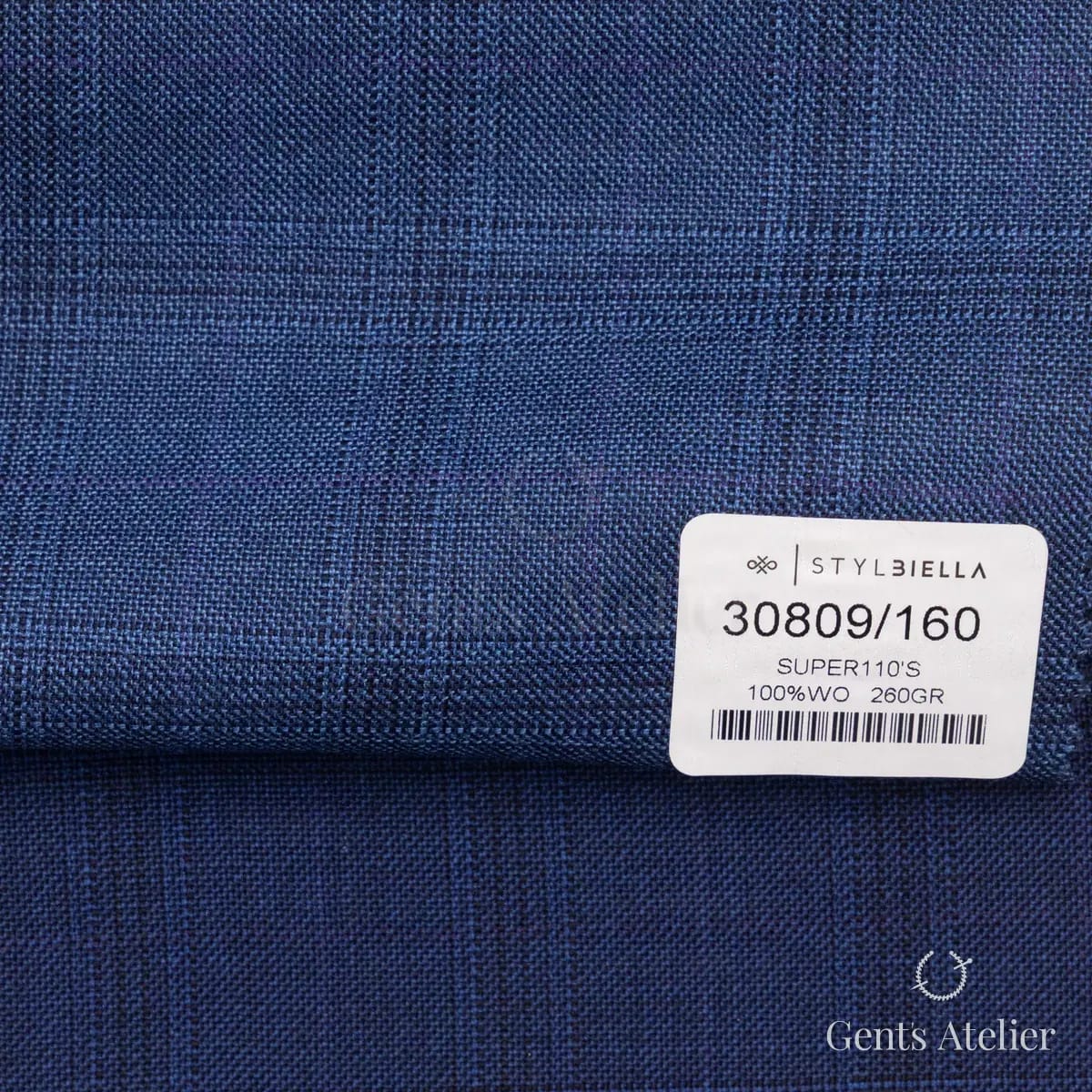 Образец ткани Stylbiella 30809/160 с этикеткой, тёмно-синий