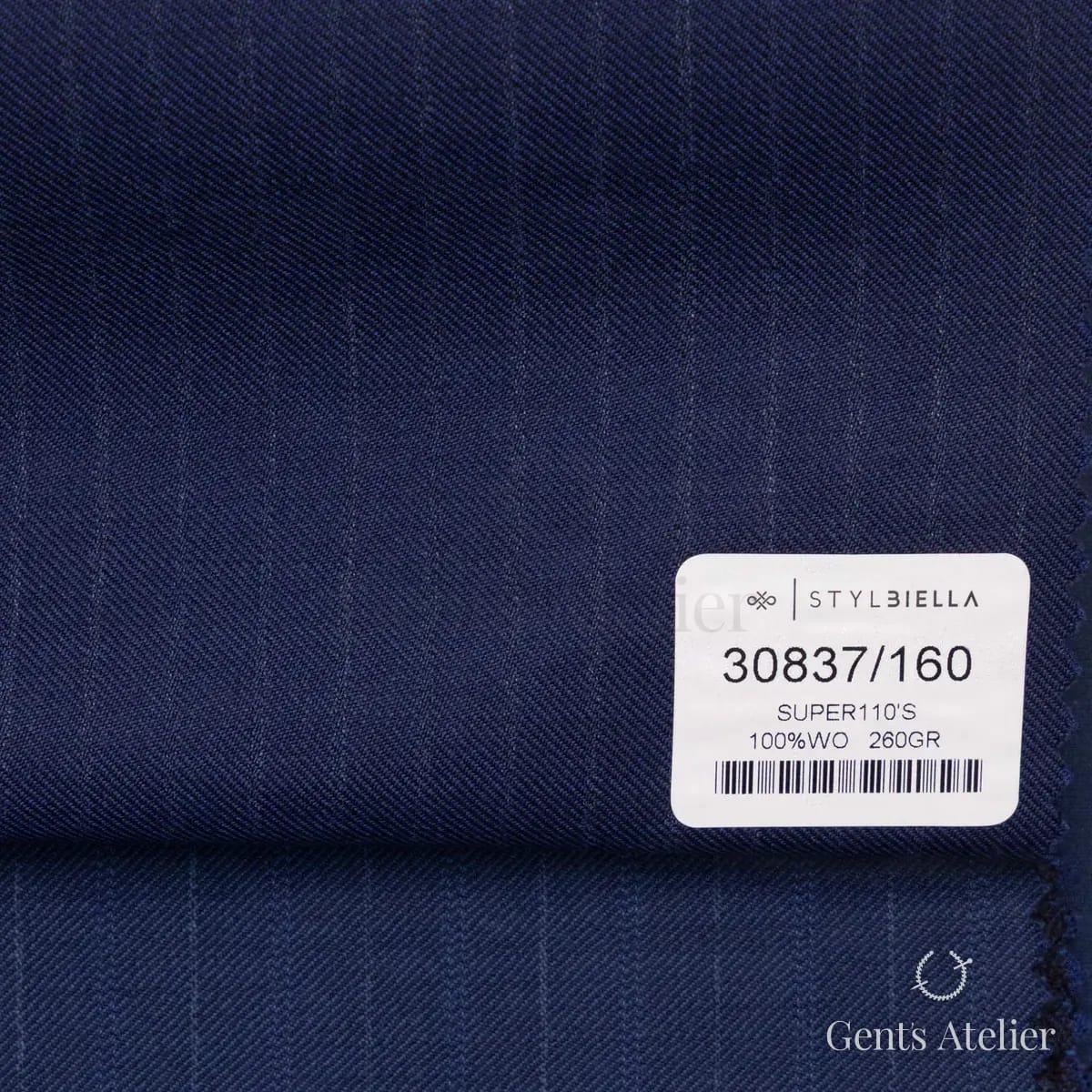 Образец ткани Stylbiella 30837/160 с этикеткой, тёмно-синий