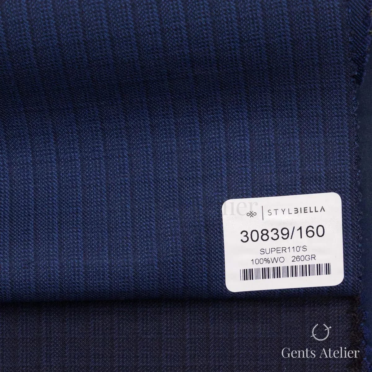 Образец ткани Stylbiella 30839/160 с этикеткой, тёмно-синий