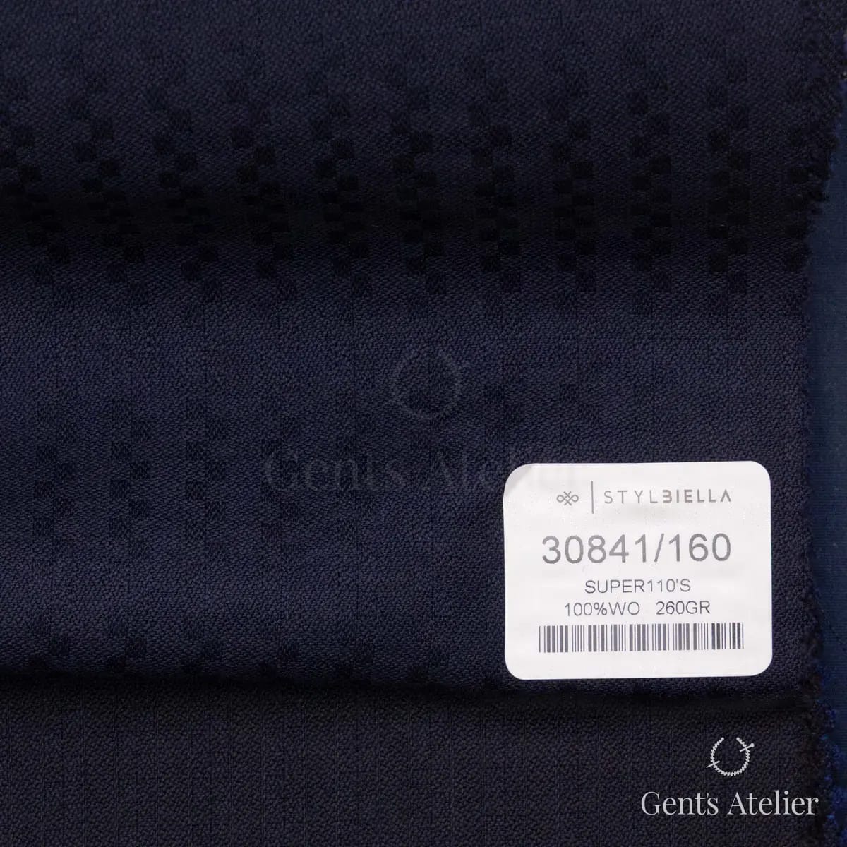 Образец ткани Stylbiella 30841/160 с этикеткой, тёмно-синий