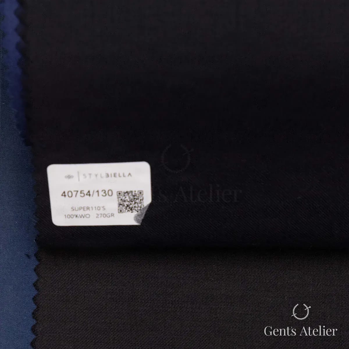 Образец ткани Stylbiella 40754/130 с этикеткой, тёмно-синий