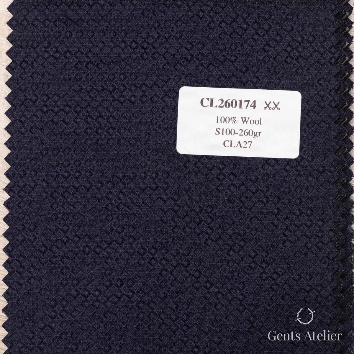 Образец ткани Scabal CL260174 с этикеткой, тёмно-синий