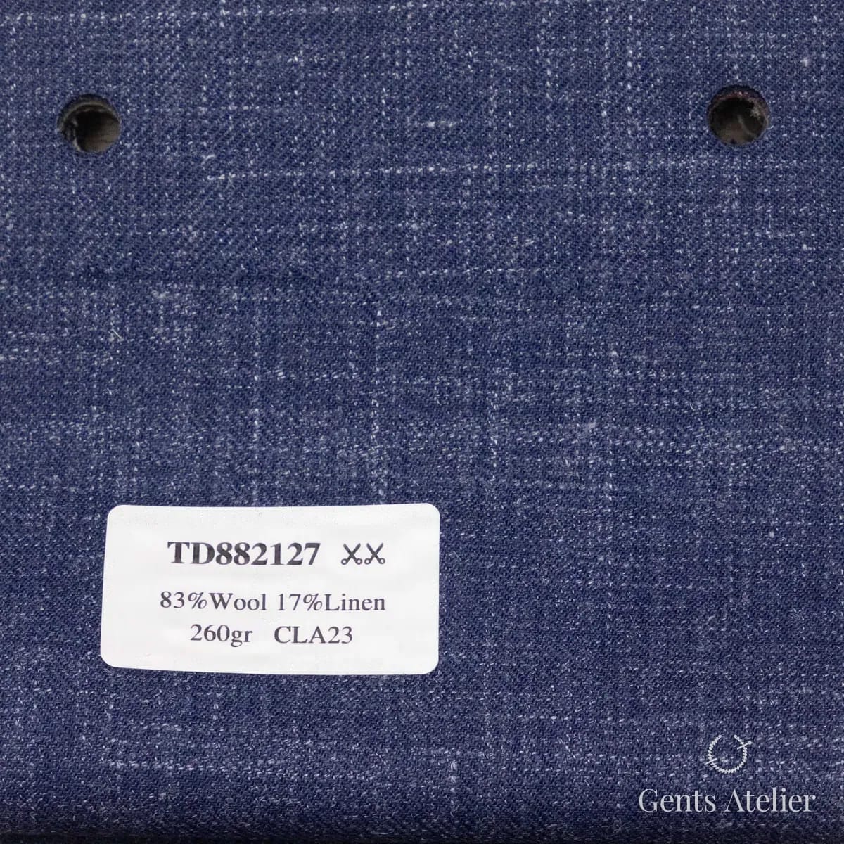 Образец ткани Dormeuil TD882127 с этикеткой, тёмно-синий