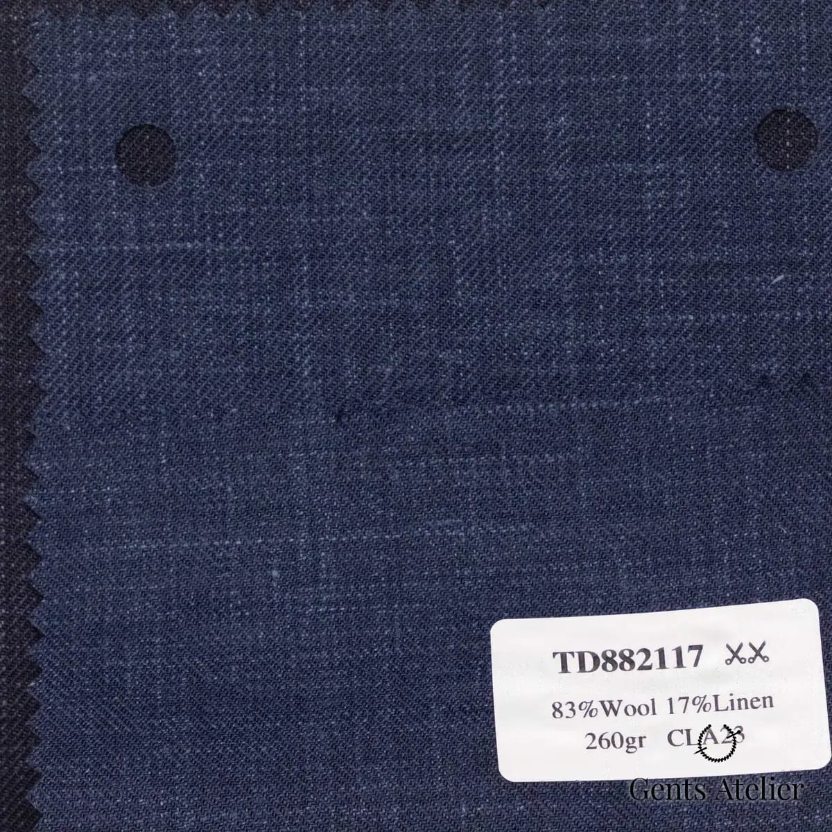 Образец ткани Dormeuil TD882117 с этикеткой, тёмно-синий