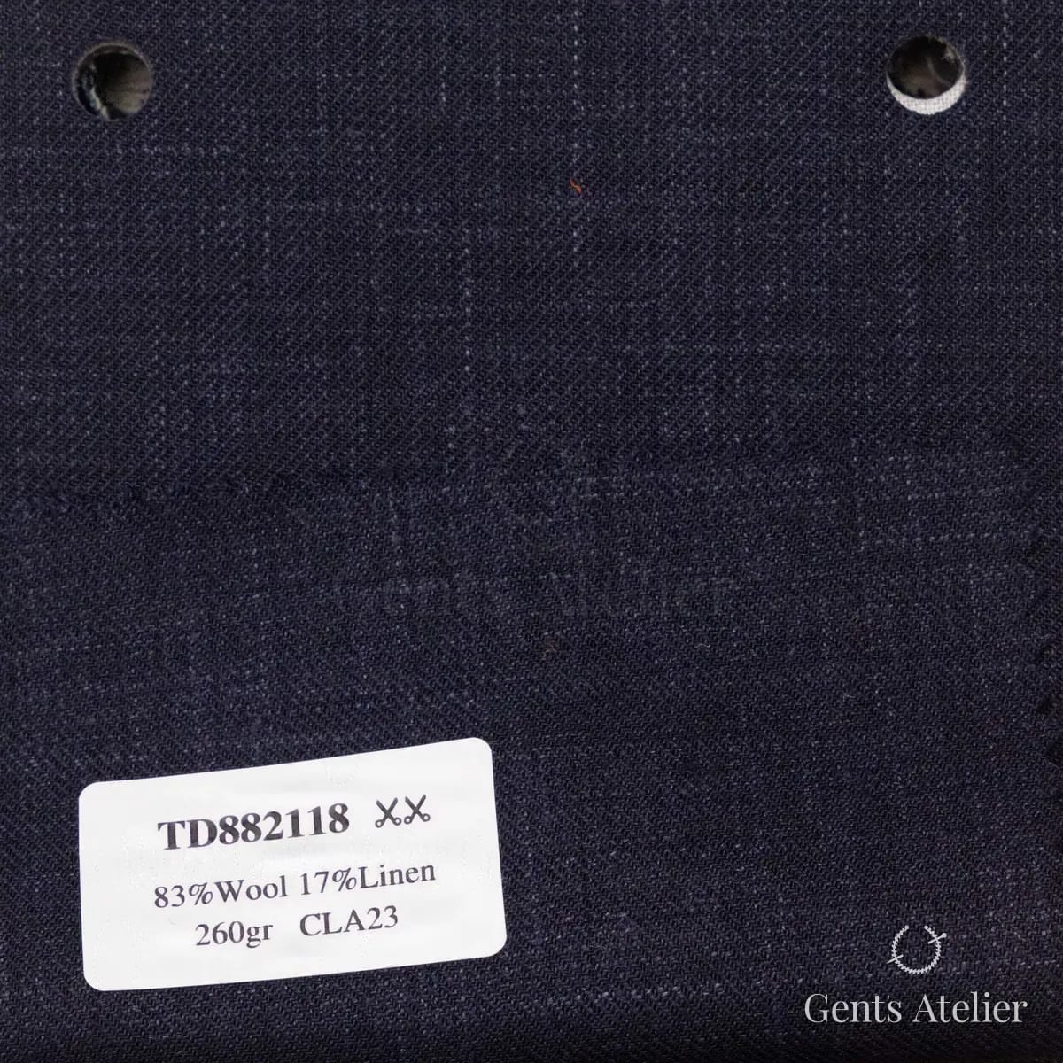 Образец ткани Dormeuil TD882118 с этикеткой, тёмно-синий