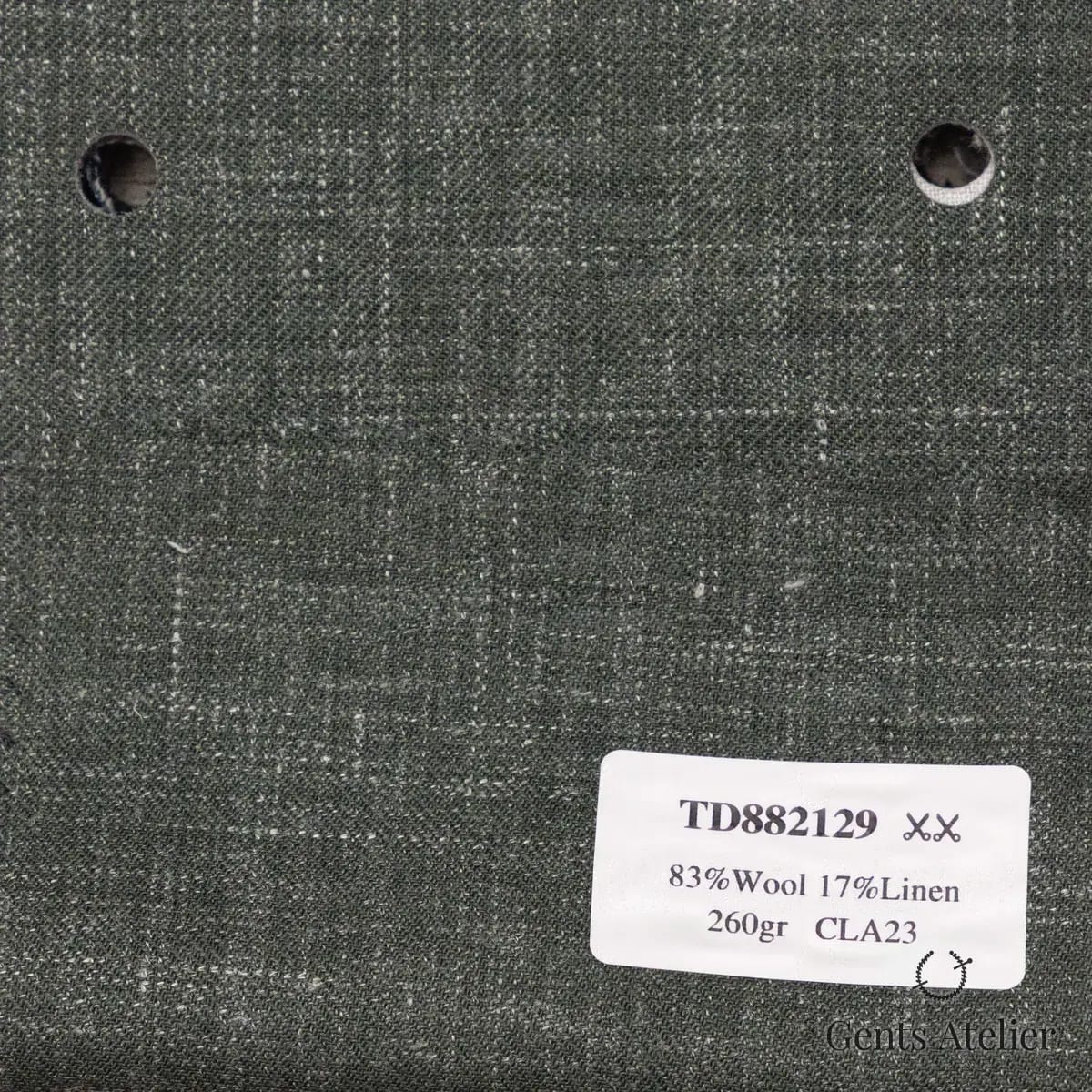 Образец ткани Dormeuil TD882129 с этикеткой, тёмно-зелёный