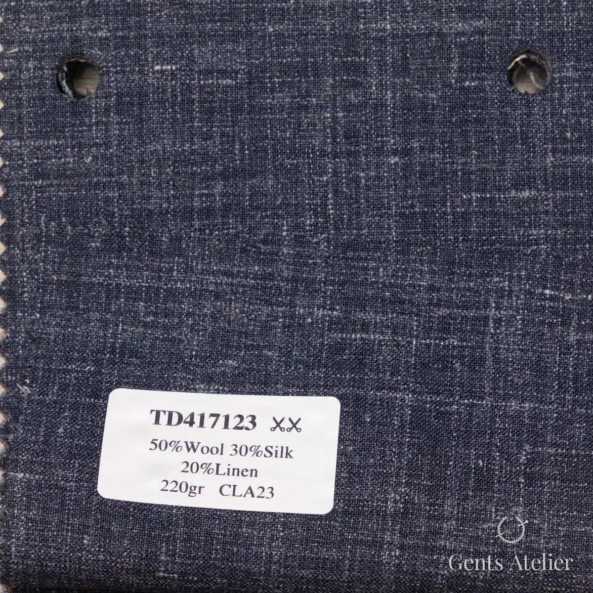 Образец ткани Dormeuil TD417123 с этикеткой, тёмно-синий