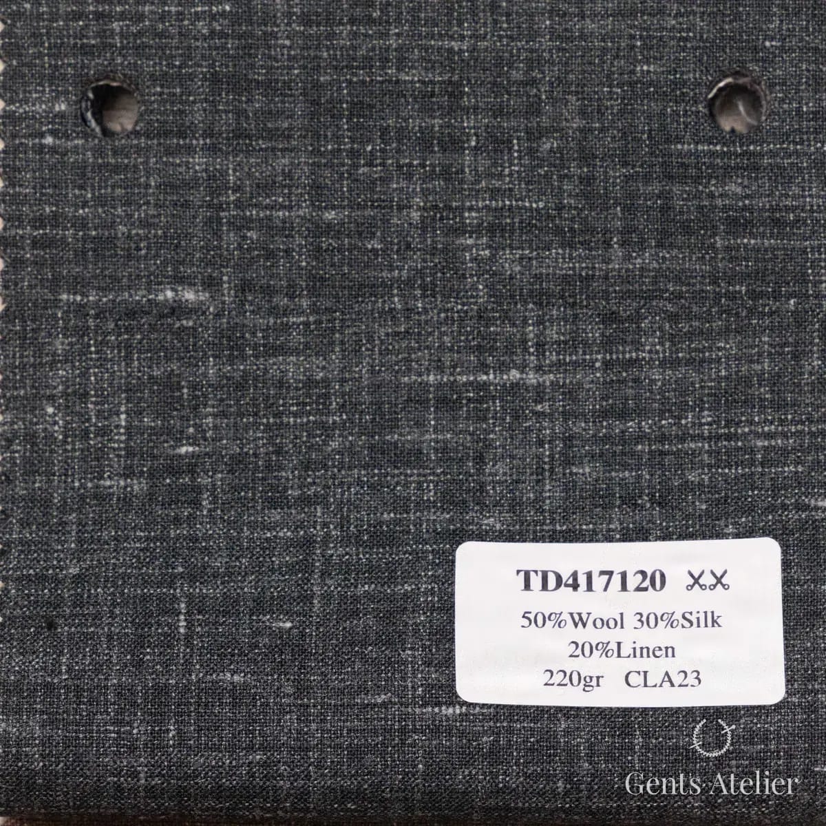 Образец ткани Dormeuil TD417120 с этикеткой, тёмно-серый