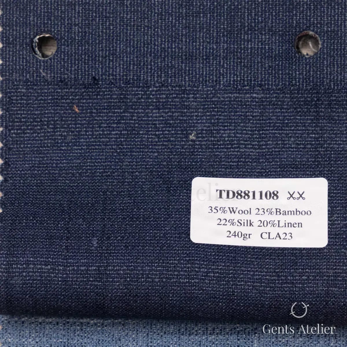 Образец ткани Dormeuil TD881108 с этикеткой, тёмно-синий