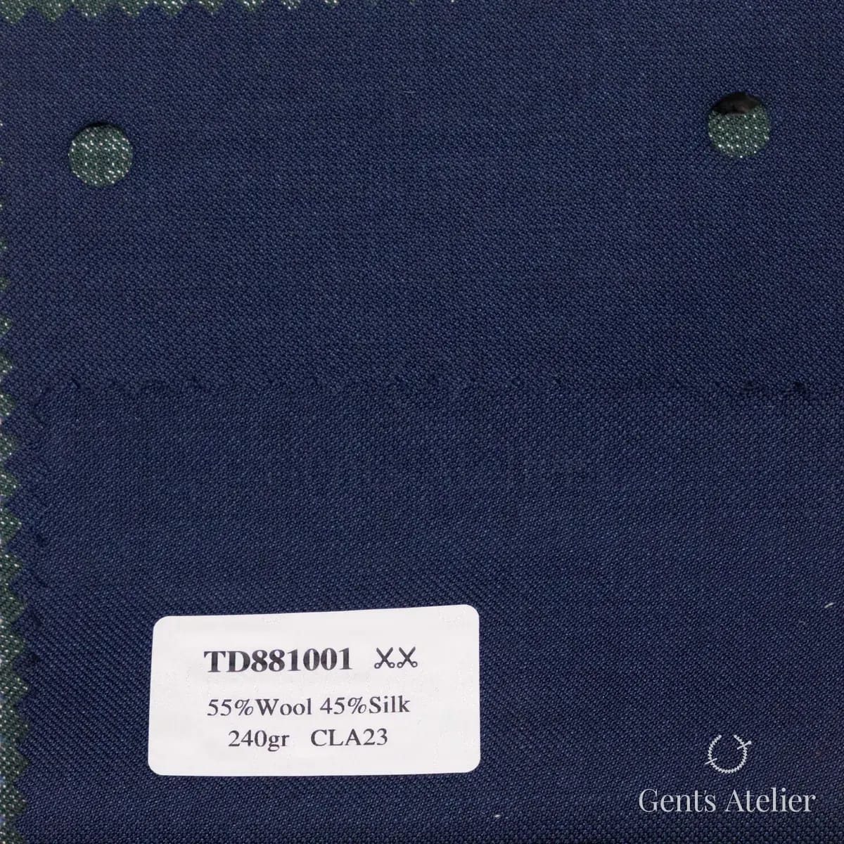 Образец ткани Dormeuil TD881001 с этикеткой, тёмно-синий