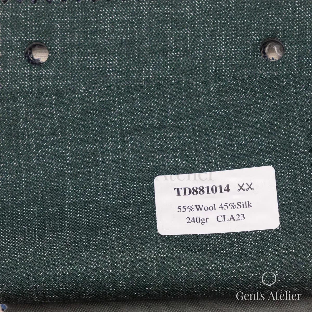 Образец ткани Dormeuil TD881014 с этикеткой, тёмно-зелёный