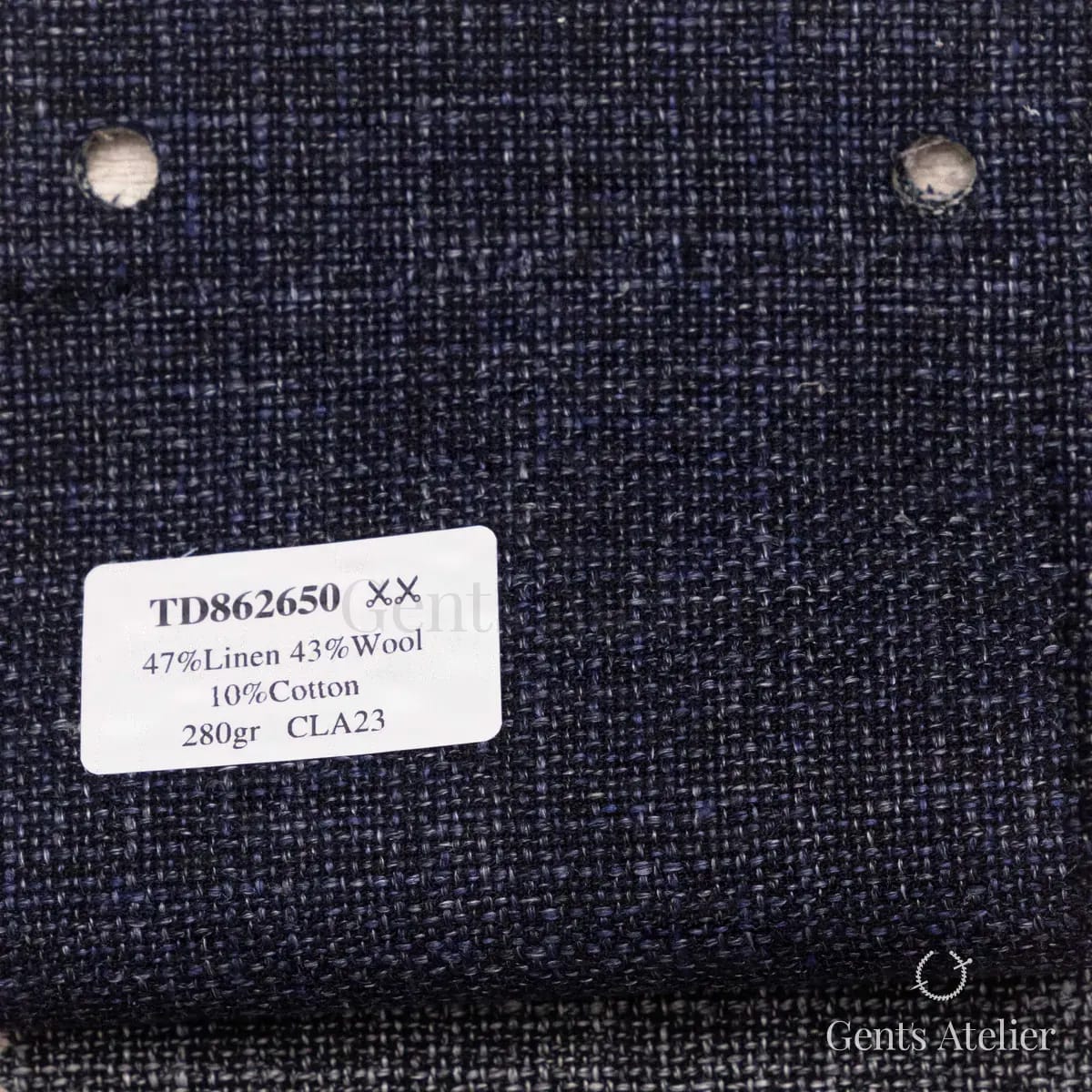 Образец ткани Dormeuil TD862650 с этикеткой, тёмно-синий