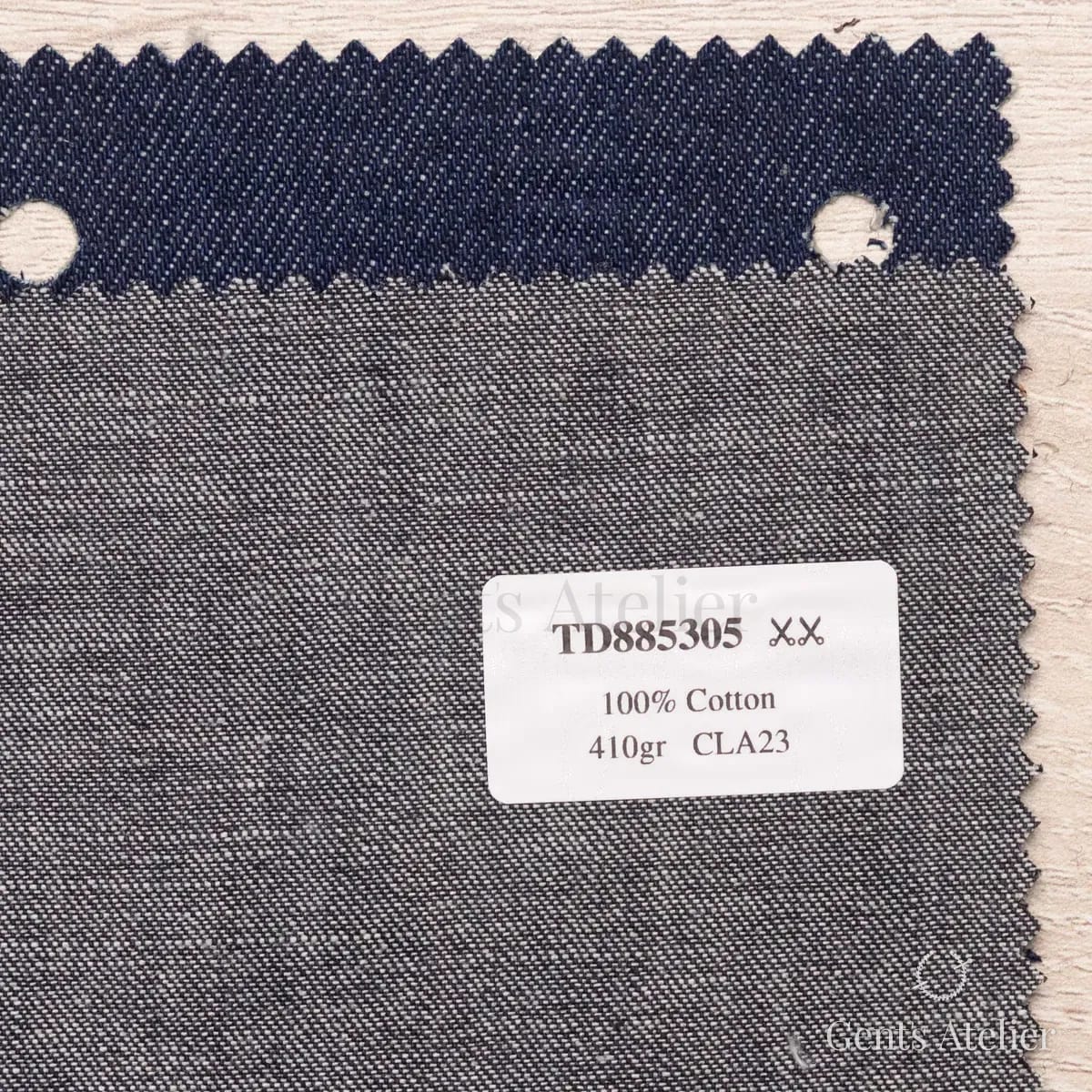 Образец ткани Dormeuil TD885305 с этикеткой, тёмно-синий