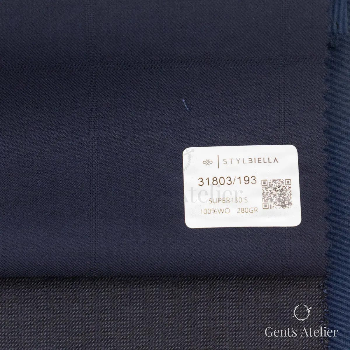Образец ткани Stylbiella 31803/193 с этикеткой, тёмно-синий