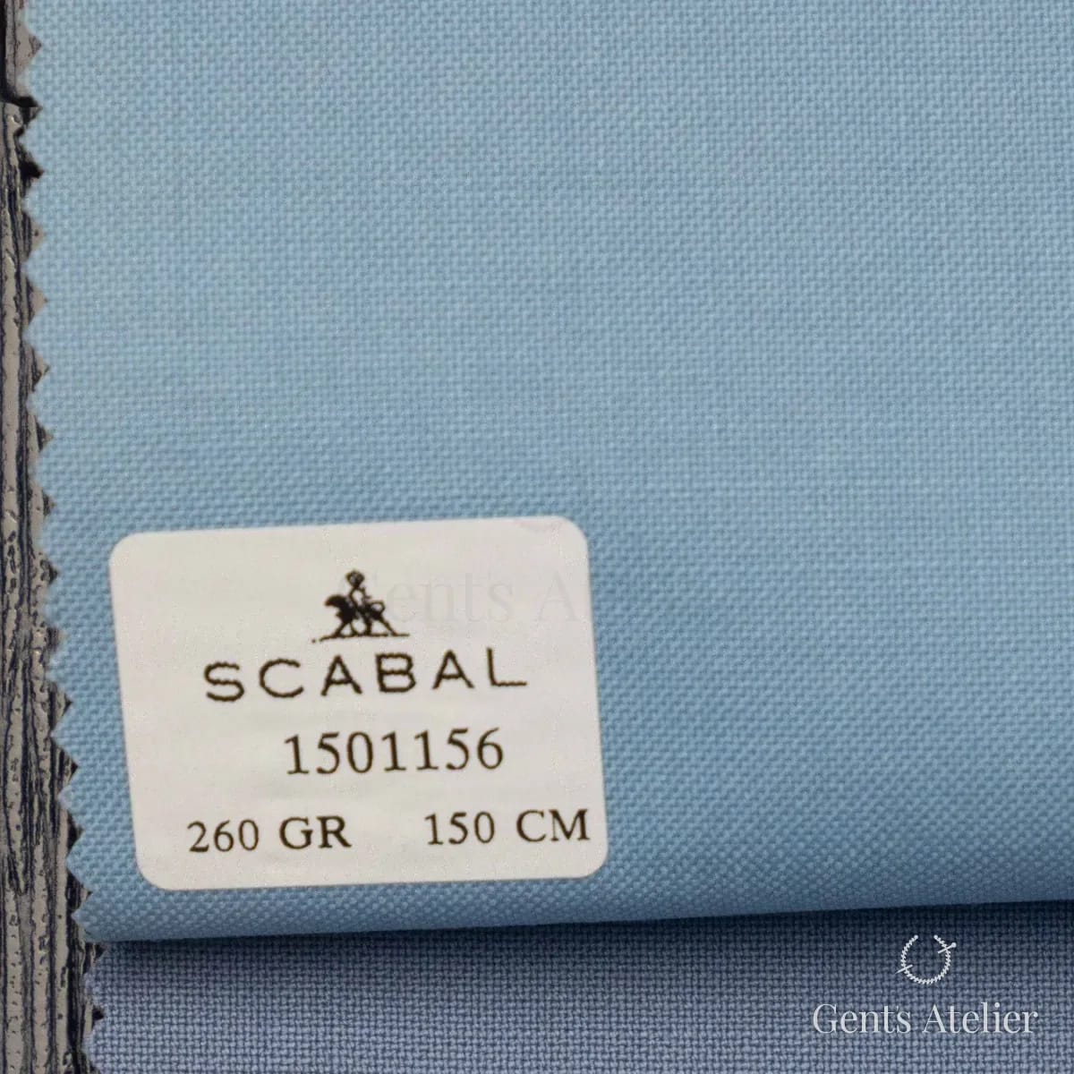 Образец ткани Scabal 1501156 с этикеткой, серо-голубой (стальной)