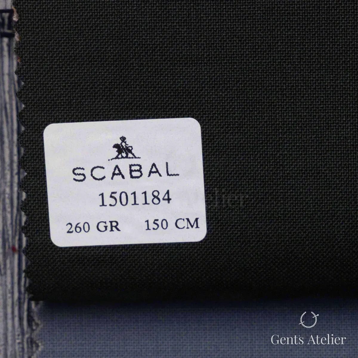 Образец ткани Scabal 1501184 с этикеткой, серо-синий, джинсовый оттенок