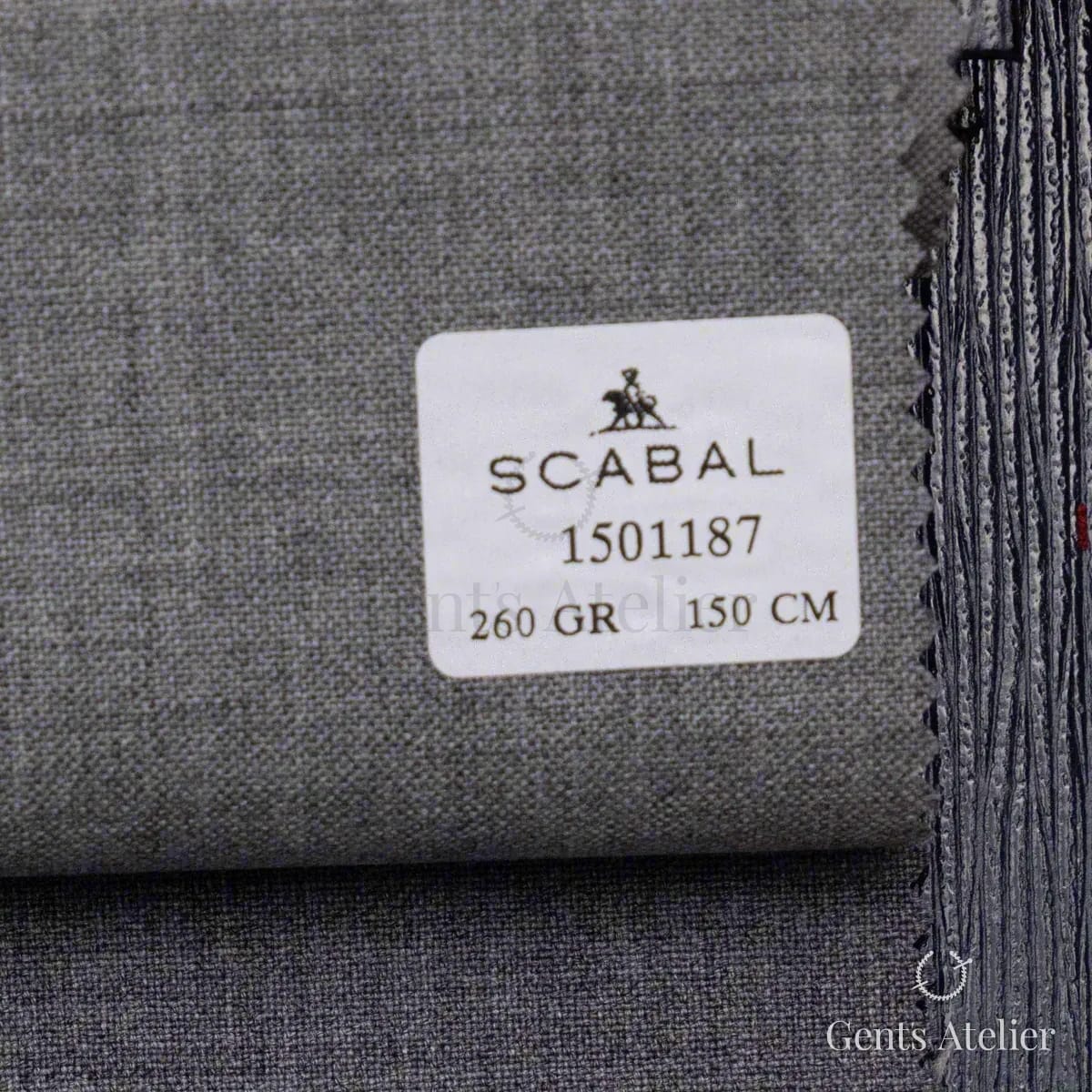 Образец ткани Scabal 1501187 с этикеткой, тёмно-серо-синий
