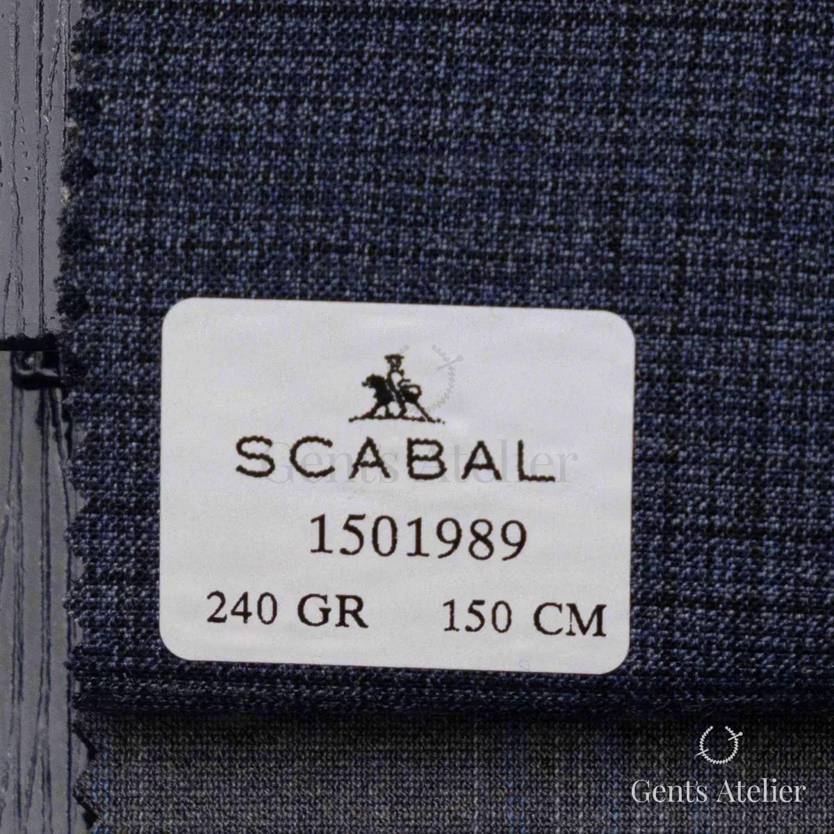 Образец ткани Scabal 1501989 с этикеткой, тёмно-синий