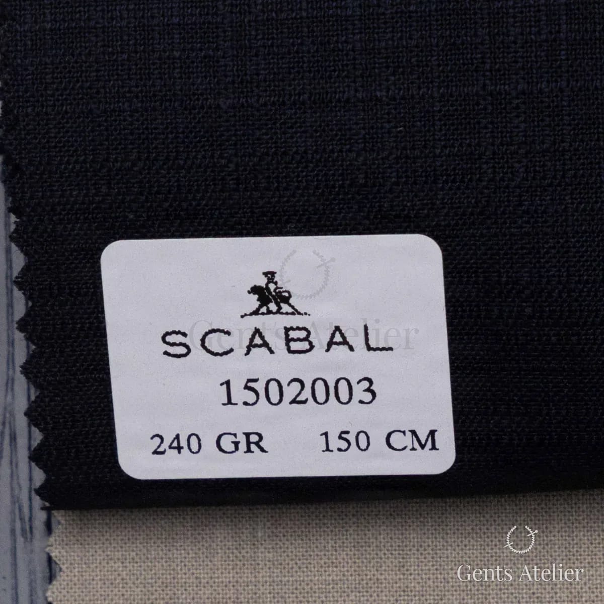 Образец ткани Scabal 1502003 с этикеткой, тёмно-синий