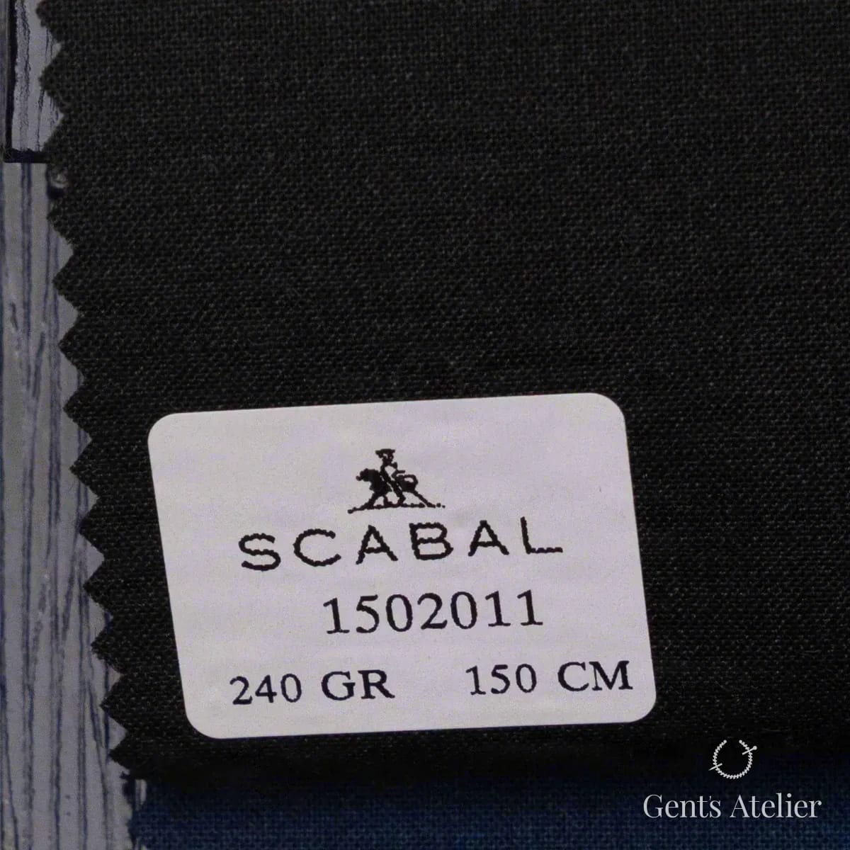 Образец ткани Scabal 1502011 с этикеткой, почти чёрный тёмно-синий