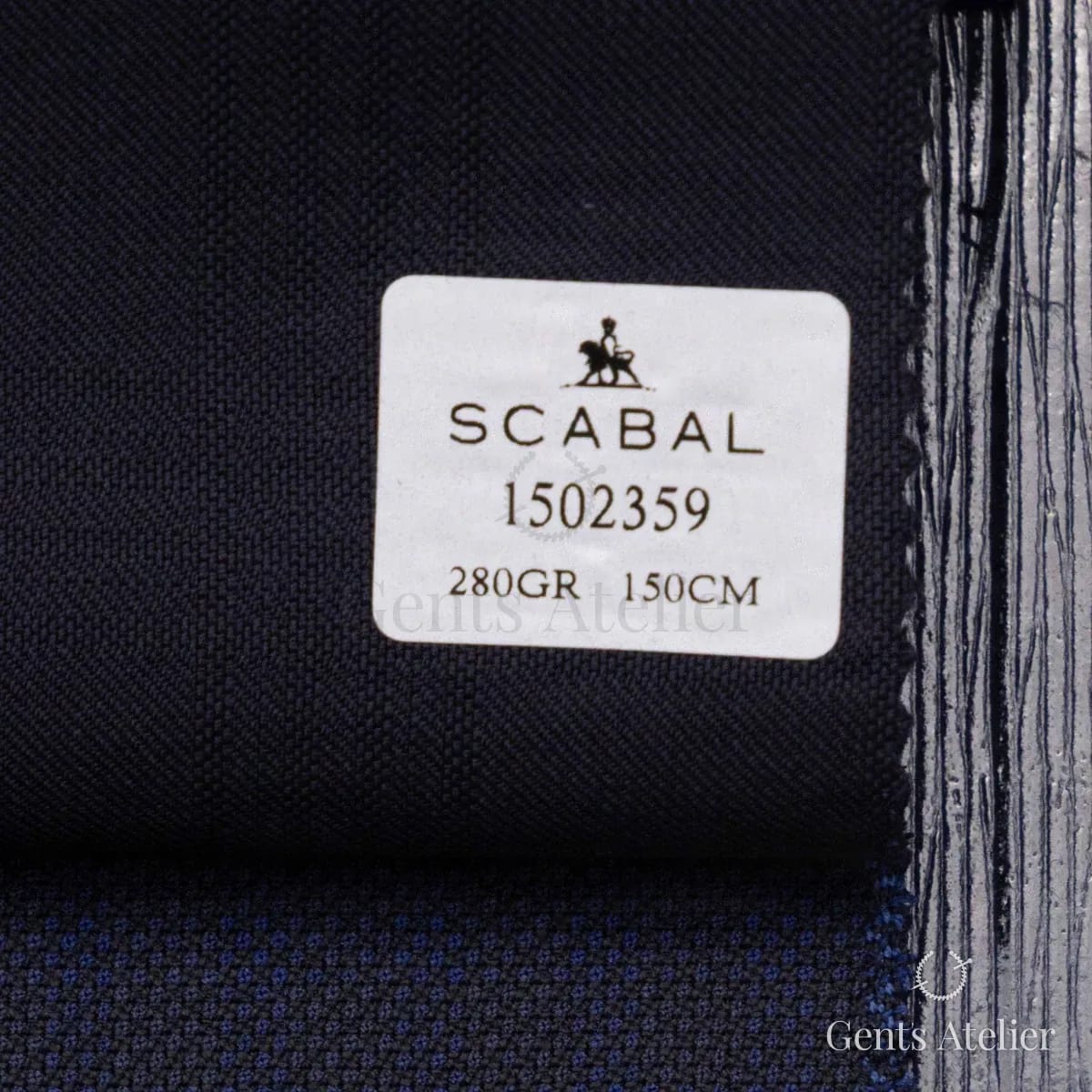 Образец ткани Scabal 1502359 с этикеткой, тёмно-синий