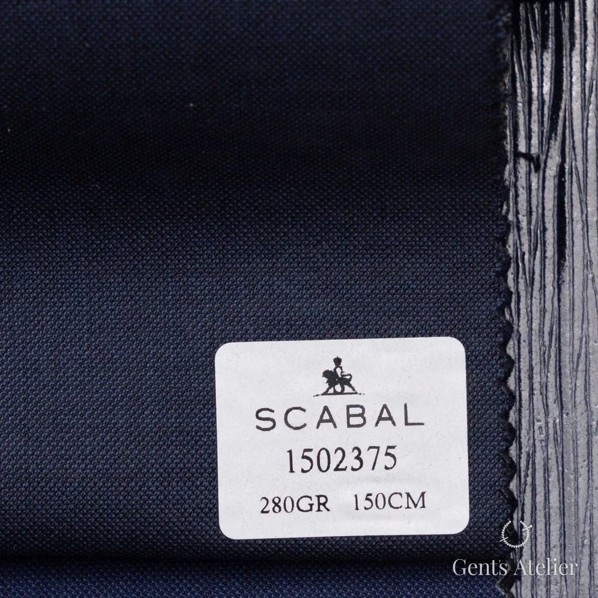 Образец ткани Scabal 1502375 с этикеткой, тёмно-синий