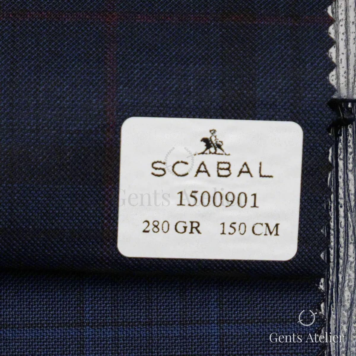 Образец ткани Scabal 1500901 с этикеткой, тёмно-синий