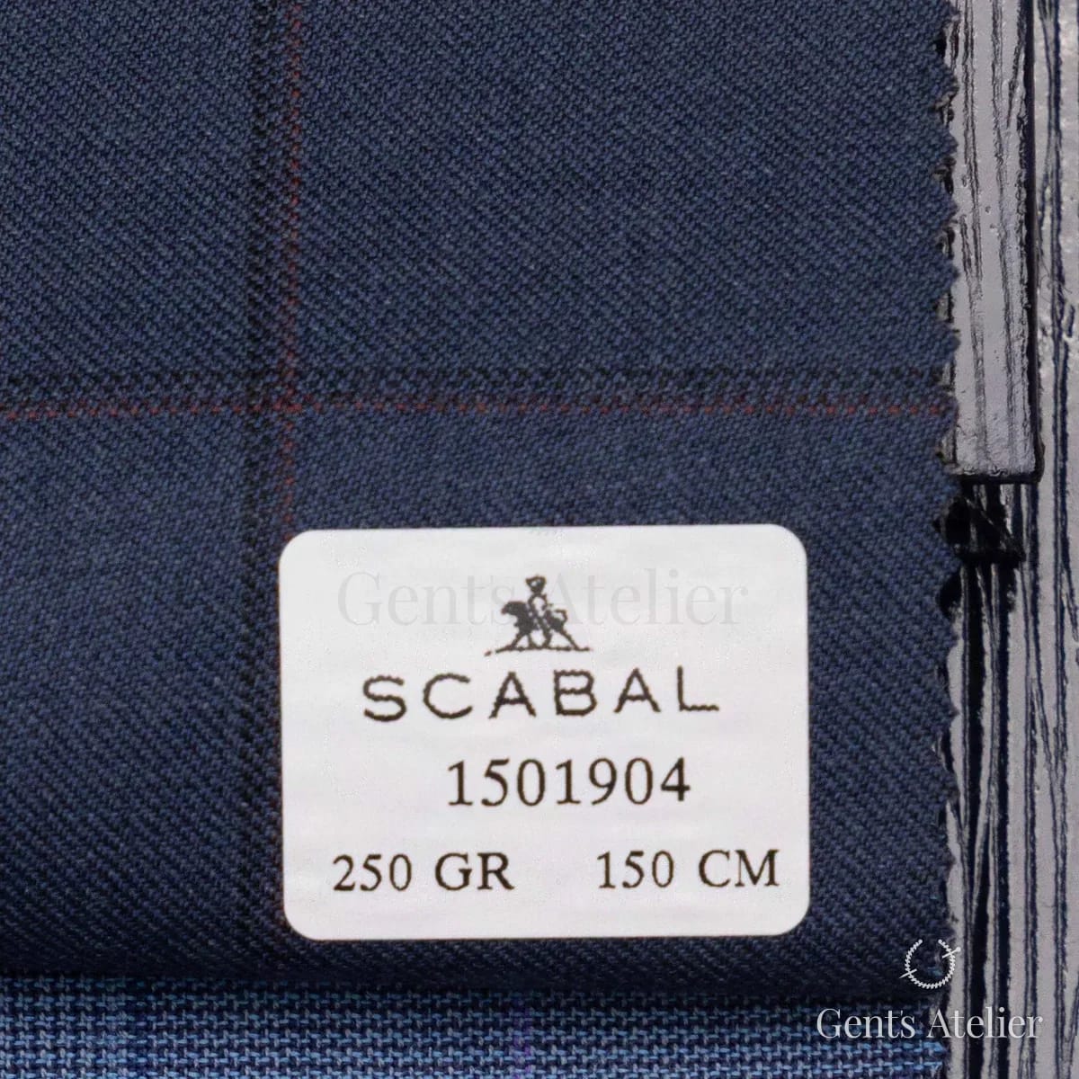 Образец ткани Scabal 1501904 с этикеткой, серо-синий