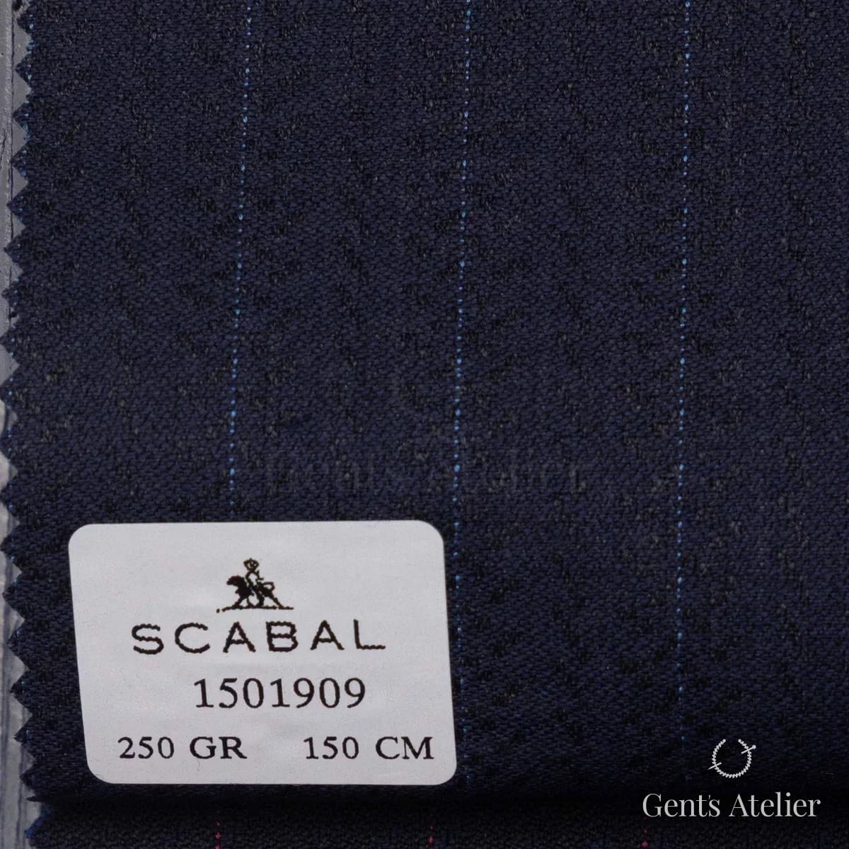 Образец ткани Scabal 1501909 с этикеткой, тёмно-синий с голубой нитью