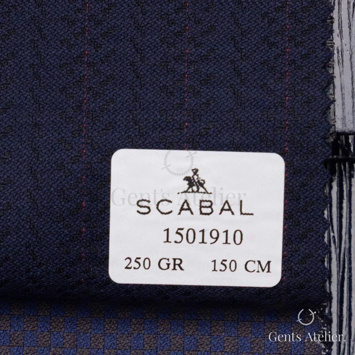 Образец ткани Scabal 1501910 с этикеткой, почти чёрный тёмно-синий с красной нитью