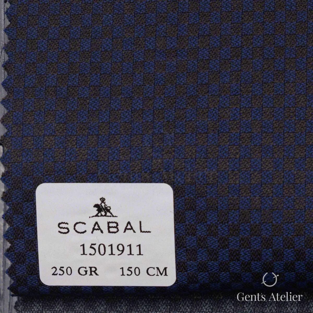 Образец ткани Scabal 1501911 с этикеткой, сине-коричневая мелкая клетка