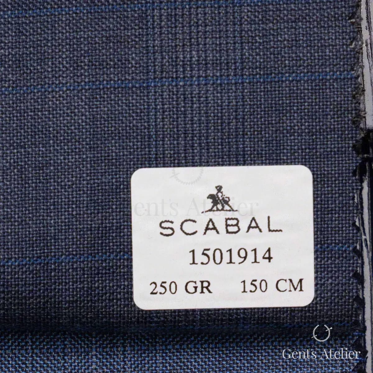Образец ткани Scabal 1501914 с этикеткой, тёмно-синий с голубым оверчеком