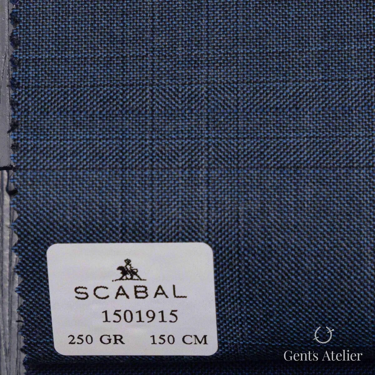 Образец ткани Scabal 1501915 с этикеткой, тёмно-синий ёлочка с голубым оверчеком