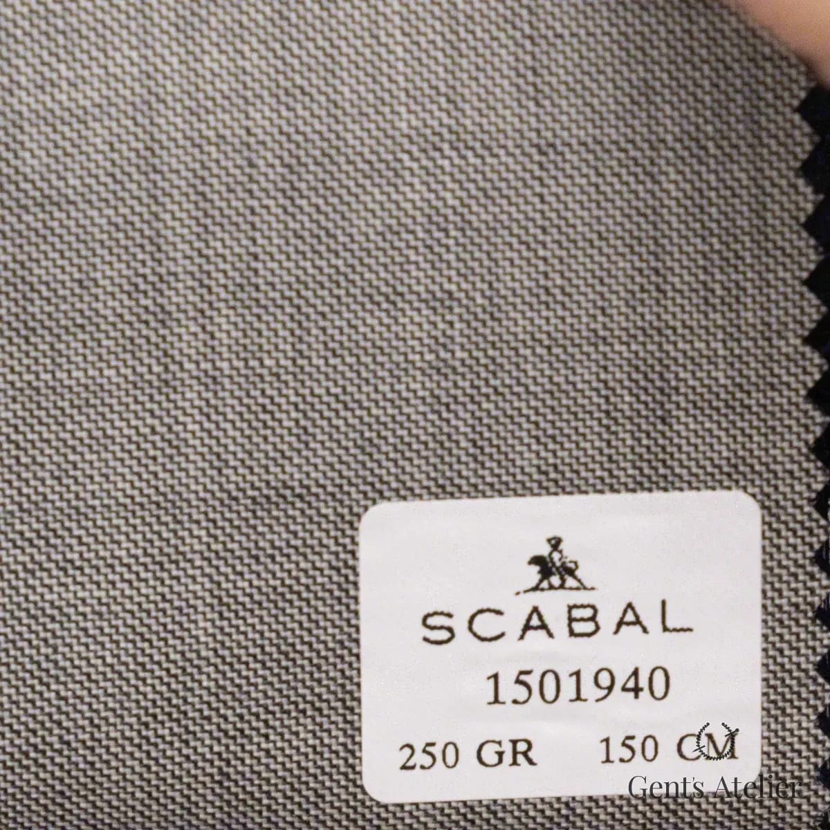 Образец ткани Scabal 1501940 с этикеткой, серо-синий