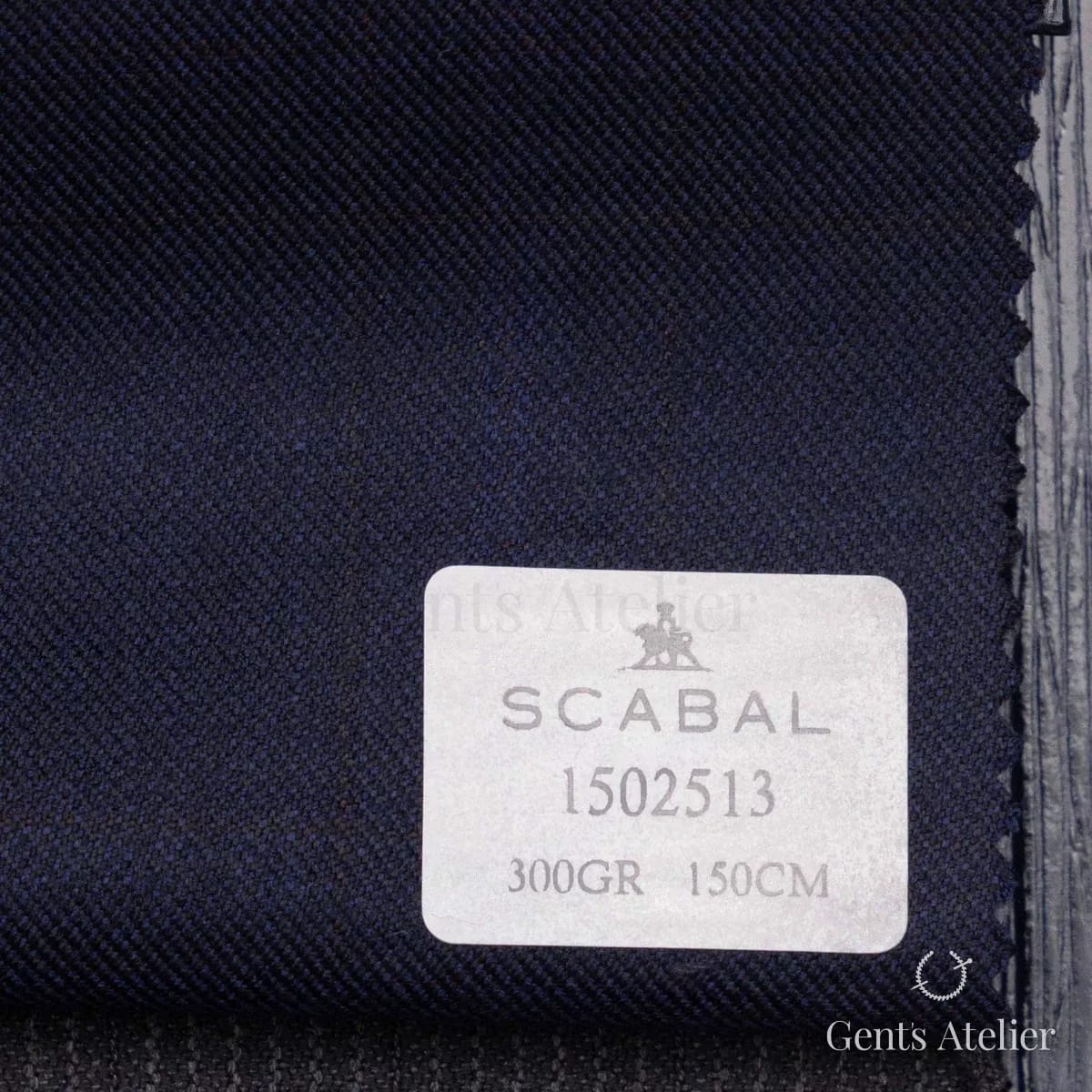 Образец ткани Scabal 1502513 с этикеткой, тёмно-синий меланжевый с рыжими вкраплениями