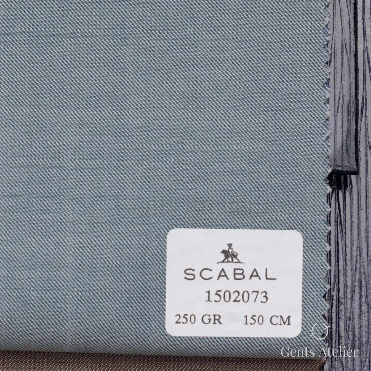 Образец ткани Scabal 1502073 с этикеткой, сизо-стальной