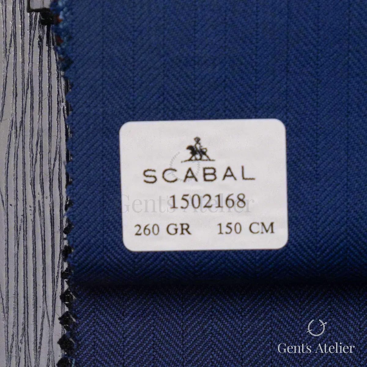 Образец ткани Scabal 1502168 с этикеткой, тёмно-синий