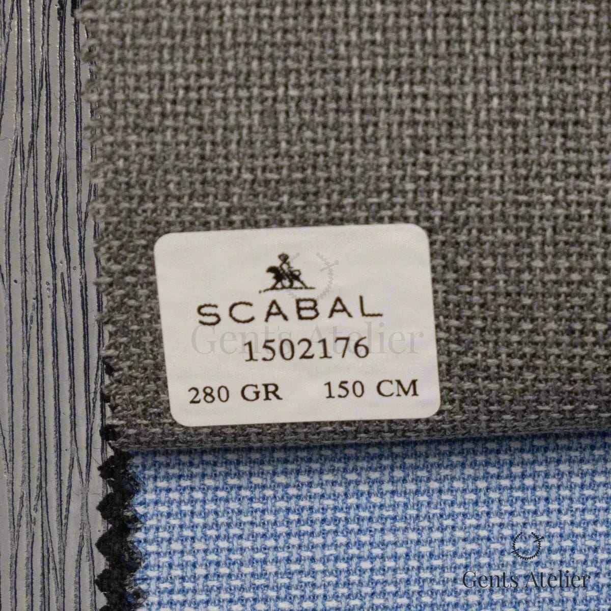 Образец ткани Scabal 1502176 с этикеткой, тёмно-серый с синим отливом