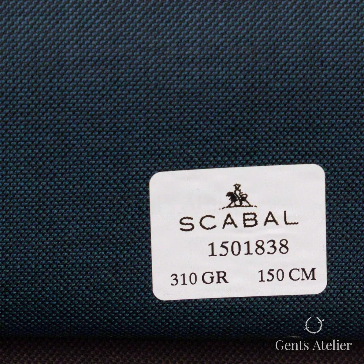 Образец ткани Scabal 1501838 с этикеткой, тёмно-синий, на этикетке с бирюзовым/петроль отливом