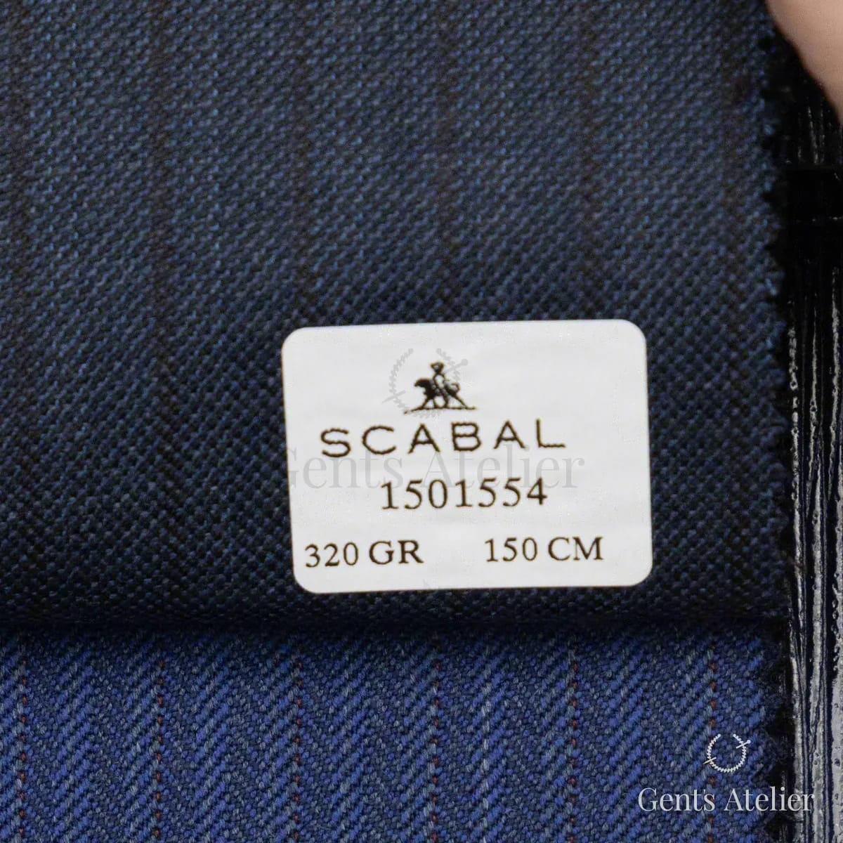 Образец ткани Scabal 1501554 с этикеткой, тёмно-синий