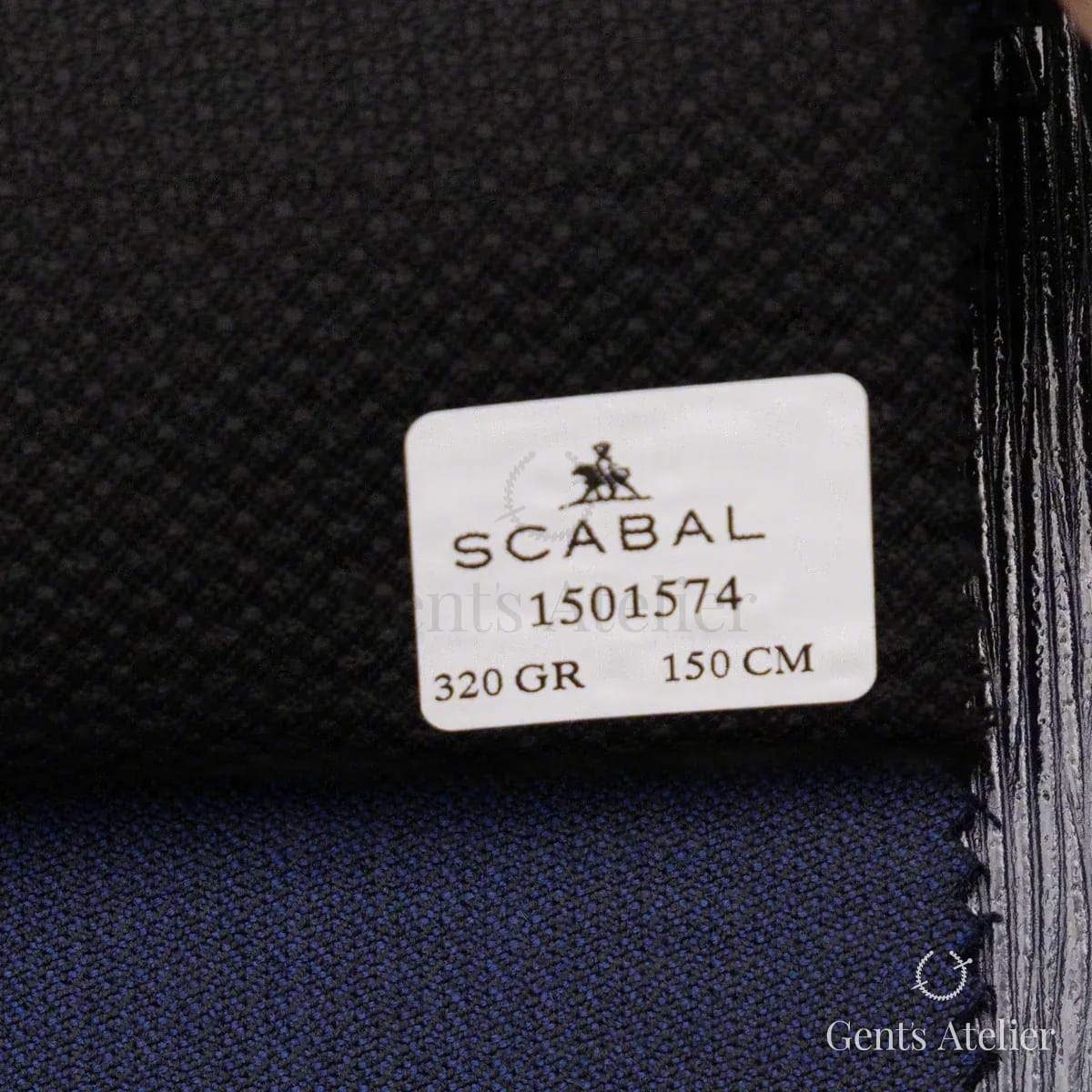 Образец ткани Scabal 1501574 с этикеткой, почти чёрный тёмно-синий