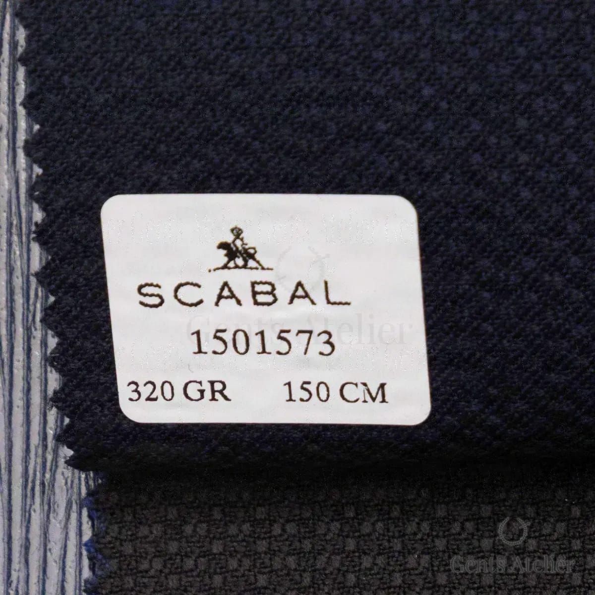 Образец ткани Scabal 1501573 с этикеткой, тёмно-синий